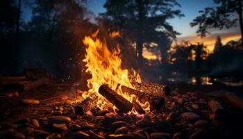 Flaming bonfire ignites nature glowing inferno, fueling summer night beauty generated by AI photo