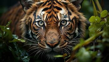 Majestic Bengal tiger, wild and endangered, staring in tropical forest generated by AI photo