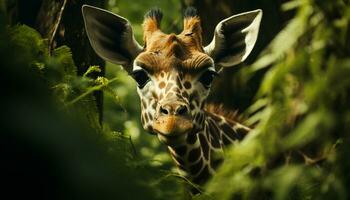 A cute giraffe looking at camera in the green forest generated by AI photo