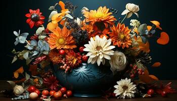 A fresh bouquet of colorful flowers decorates the wooden table generated by AI photo