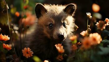 Cute puppy sitting in grass, looking at camera, surrounded by flowers generated by AI photo