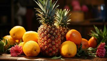 frescura de Fruta en mesa, sano comiendo, naturaleza vibrante colección generado por ai foto