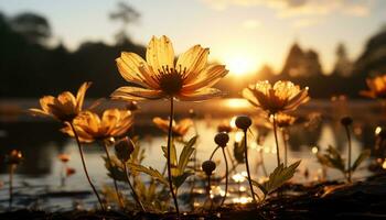 el vibrante flor flores en el tranquilo prado a amanecer generado por ai foto