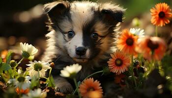 linda perrito sentado en césped, mirando a cámara, rodeado por flores generado por ai foto