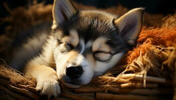 Cute puppy, small and fluffy, sleeping on grass, new life generated by AI photo