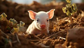 linda cerdito pasto en un granja, disfrutando el verano prado generado por ai foto