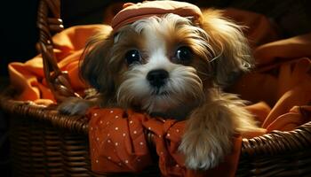 Cute puppy sitting, looking at camera, playful, fluffy, small dog generated by AI photo