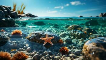 Underwater nature reef, starfish, fish, blue water, tropical climate generated by AI photo