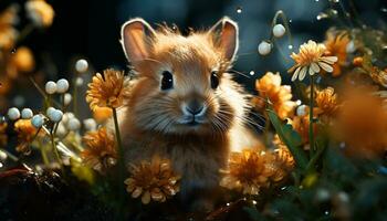 Cute fluffy rabbit sitting in green meadow, enjoying summer generated by AI photo