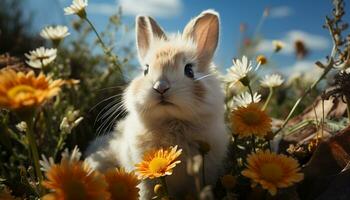 Cute fluffy rabbit sitting in meadow, enjoying summer sun generated by AI photo