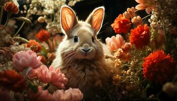 Fluffy baby rabbit sitting on green grass outdoors generated by AI photo