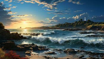 Sunset over the coastline, waves crash on rocky shores generated by AI photo