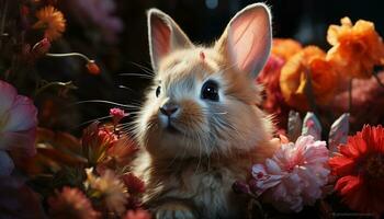 Fluffy baby rabbit sitting on grass, surrounded by flowers generated by AI photo