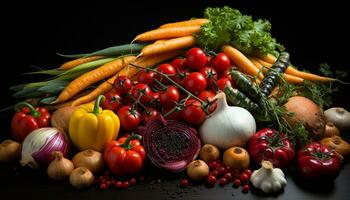 fresco, orgánico vegetales tomate, zanahoria, ajo, cebolla, Pepino generado por ai foto