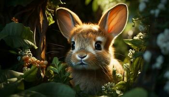 linda Conejo sentado en césped, disfrutando naturaleza mullido belleza generado por ai foto