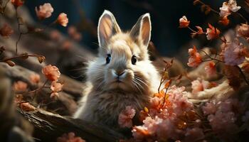 Fluffy young rabbit sitting in grass, looking cute generated by AI photo