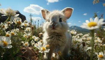 Cute fluffy rabbit sitting in green meadow, looking at flower generated by AI photo