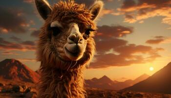 A cute alpaca smiles, looking at camera, in rural sunset generated by AI photo
