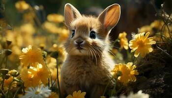 Cute small rabbit sitting in grass, looking at flower generated by AI photo