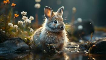 mullido bebé Conejo sentado en césped, disfrutando naturaleza generado por ai foto