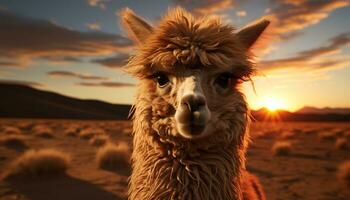 Cute alpaca looking at camera, surrounded by beautiful nature generated by AI photo