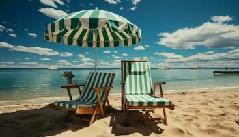 Tropical climate, blue sky, turquoise water, sandy beach, relaxation generated by AI photo