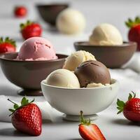 Chocolate, Vanilla and Strawberry Ice Cream Isolated photo