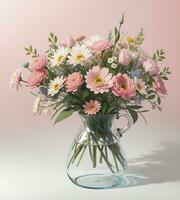 Beautiful Flowers in the Glass Vase on the Pink Background AI Generated photo