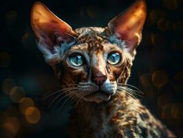 Cornish rex cat portrait close up created with Generative AI technology photo