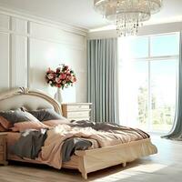 Modern Bedroom with Flower Vase, Chandelier and Comfortable Blanket AI Generative photo