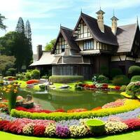 beautiful house Interior with a beautiful pond and flower garden AI Generative photo