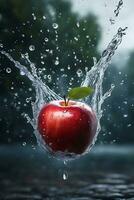 Red Apple Falling in Rain Water AI Generated photo