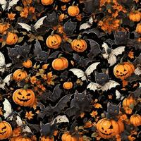 Halloween pumpkins with flying bat, Ai generated photo