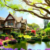 luxurious house design with  pond and flower tree AI Generative photo