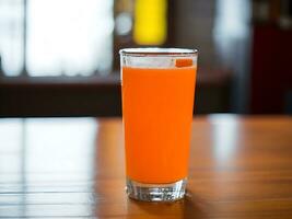Fresco naranja jugo en el vaso - Fresco jugo en el mesa - ai generativo foto