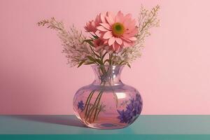 Cute Flowers in a Glass Vase on Pink Background AI Generated photo