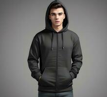 Young man wearing blank black hoodie mockup print presentation mockup ai generate photo