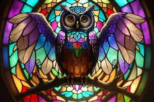 A Colorful Stained Glass Owl Artwork AI Generated photo