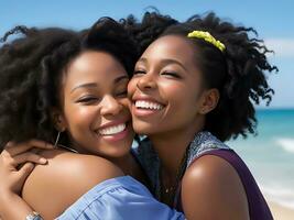 dos negro mujer abrazo y sonriente a el playa - ai generado foto