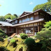 Fantastic Japanese style building exterior with natural environment AI Generative photo