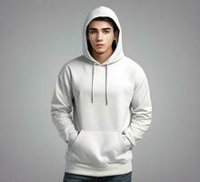 Young man wearing blank white hoodie mockup print presentation mockup ai generate photo