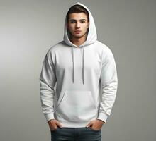 Young man wearing blank white hoodie mockup print presentation mockup ai generate photo