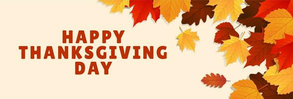 Happy Thanksgiving day banner. Holiday background design with autumn leaves and pumpkin. Vector illustration