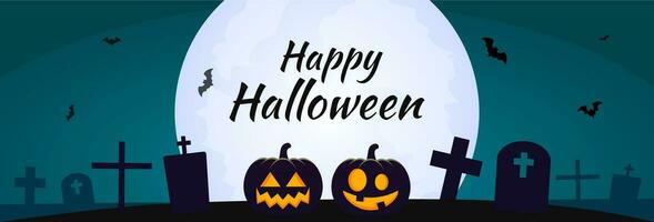 Spooky halloween night scene background. Halloween pumpkin, bat. Halloween holiday design. Vector illustration