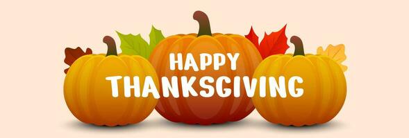 Happy Thanksgiving day banner. Holiday background design with autumn leaves and pumpkin. Vector illustration