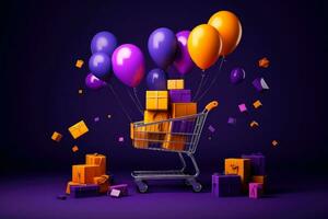 Goods,online shopping e-commerce ,Shop cart, advertising of black friday cheap cargo concept, Generative AI illustration photo