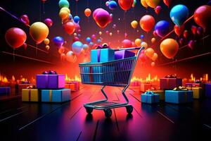 Goods,online shopping e-commerce ,Shop cart, advertising of black friday cheap cargo concept, Generative AI illustration photo