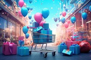 Goods,online shopping e-commerce ,Shop cart, advertising of black friday cheap cargo concept, Generative AI illustration photo