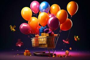 Goods,online shopping e-commerce ,Shop cart, advertising of black friday cheap cargo concept, Generative AI illustration photo