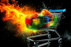 Goods,online shopping e-commerce ,Shop cart, advertising of black friday cheap cargo concept, Generative AI illustration photo